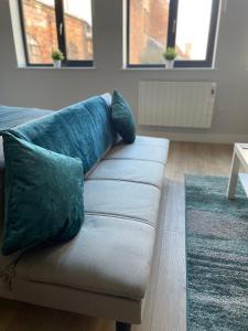 a couch with two pillows on it in a living room at Modern, Stylish Studio Apartment in Central Northampton in Northampton