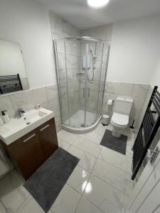 a bathroom with a shower and a toilet and a sink at Modern, Stylish Studio Apartment in Central Northampton in Northampton