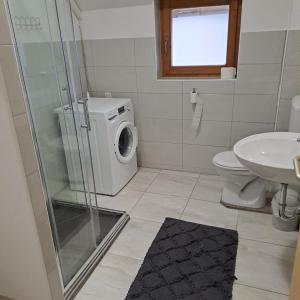 a bathroom with a washing machine and a sink at sara1 in Slavonski Brod