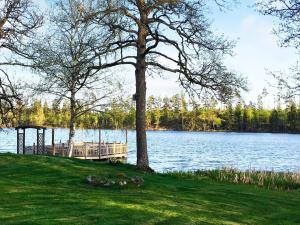 a view of a lake with a tree and a dock at Holiday home ESKILSTUNA V in Malmköping