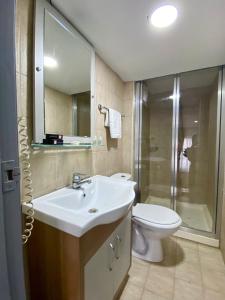 イスタンブールにあるカフカス ホテル イスタンブールのバスルーム(洗面台、トイレ、鏡付)