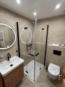 W łazience znajduje się prysznic, umywalka i toaleta. w obiekcie Resla Residence I, II, w Bańskiej Szczawnicy