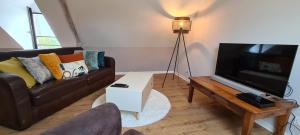 a living room with a couch and a flat screen tv at Gîte de l'Aff in La Gacilly