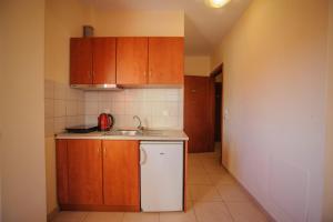 a small kitchen with wooden cabinets and a sink at Polymnia Studios in Olympic Beach