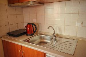 a kitchen with a sink and a red appliance at Polymnia Studios in Olympiaki Akti