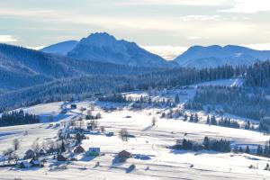 a snow covered valley with mountains in the background at Chalety BUČINA in Oravská Lesná