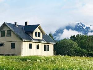 una casa en un campo con una montaña en el fondo en Holiday home Nuvsvåg 