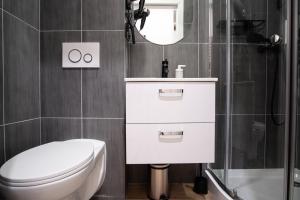 łazienka z toaletą, umywalką i lustrem w obiekcie Dream Apartments - Gdańska 72 w Łodzi