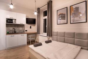 salon z łóżkiem i kuchnią w obiekcie Dream Apartments - Gdańska 72 w Łodzi