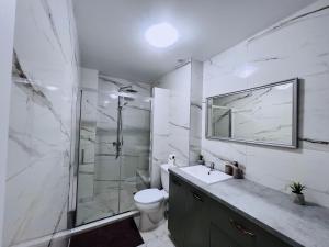 キシナウにあるLovely apartment with terrace!のシャワー、トイレ、洗面台を備えたバスルーム +22枚の写真