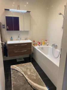 een badkamer met een bad, een wastafel en een douche bij Vermiete wunderschönes Apartment mit Garten in Wörthersee-Nähe in Klagenfurt