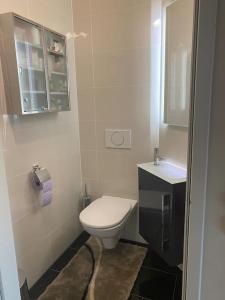 biała łazienka z toaletą i umywalką w obiekcie Vermiete wunderschönes Apartment mit Garten in Wörthersee-Nähe w mieście Klagenfurt