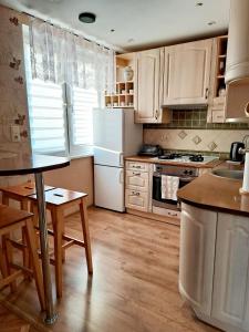 a kitchen with a white refrigerator and a table at Mokka Apartament in Kielce