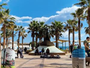 Grupa ludzi stoi wokół fontanny z palmami w obiekcie Apartamento Centro Fuengirola w mieście Fuengirola