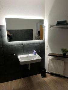 W łazience znajduje się umywalka i lustro. w obiekcie Ferienwohnung Staufenberg 2 w mieście Staufenberg