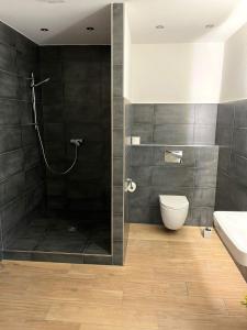W łazience znajduje się prysznic, toaleta i umywalka. w obiekcie Ferienwohnung Staufenberg 2 w mieście Staufenberg