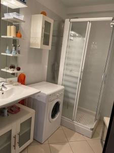 La salle de bains est pourvue d'un lave-linge et d'une douche. dans l'établissement Appartement T3 Les eucalyptus, à LʼÎle-Rousse