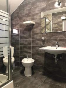 a bathroom with a sink and a toilet and a mirror at livada-cu-meri in Căpăţîneni-Ungureni