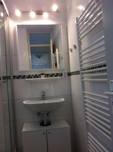 ein Bad mit einem Waschbecken und einem Spiegel in der Unterkunft Beachhouse Tossens in Tossens