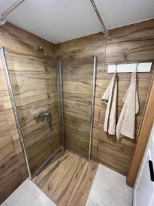 a shower in a bathroom with wooden walls at Apartment ARSO in Velenje