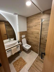 a bathroom with a toilet and a sink and a shower at Apartment ARSO in Velenje