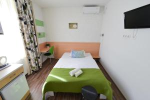 a small room with a green bed and a tv at Villa Antunovac Zagreb in Zagreb