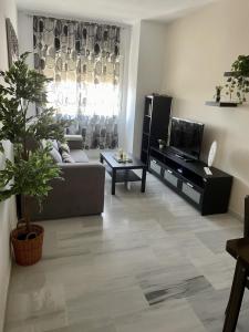 sala de estar con sofá y TV en Apartamento Liru Bormujos, a 5 minutos de Sevilla en Bormujos