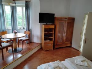a room with a table and a tv and a table and chairs at ciao-aschau Haus zur Burg Ap108 Weber in Aschau