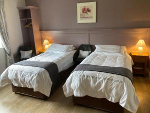 a hotel room with two beds and two chairs at Kilbawn Country House in Kilkenny