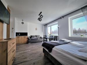 a bedroom with a large bed and a large window at Willa Sky in Jastrzębia Góra