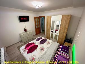 um quarto com uma cama e um espelho em Apartament Uvertura Mall/Lidl cu parcare gratuita em Botoşani