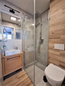 a bathroom with a shower and a toilet and a sink at Willa Sky in Jastrzębia Góra +82 photos