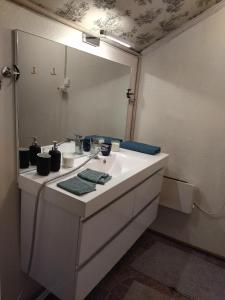 a bathroom with a sink and a mirror at Nedre Kjellerstuvei, Oslo House Second floor in Lillestrøm