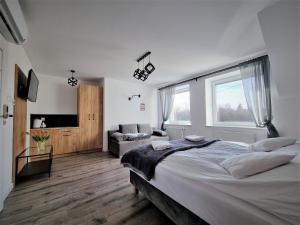 a bedroom with a large bed and a couch at Willa Sky in Jastrzębia Góra