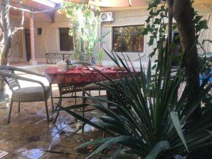 una mesa y sillas en un patio con una planta en "S e a s o n S", en Samarkand