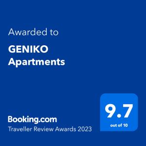 Сертификат, награда, табела или друг документ на показ в GENIKO Apartments