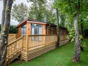 a wooden cabin in the woods with trees at Bluebell Lodge in Skipton