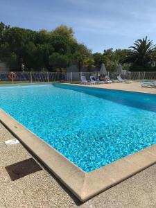 a large blue swimming pool with chairs and trees at 52amareyeurs in Le Château-dʼOléron