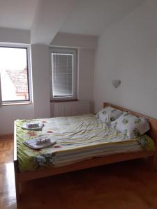 ein großes Bett in einem Schlafzimmer mit Fenster in der Unterkunft Ballet apartament in Skopje