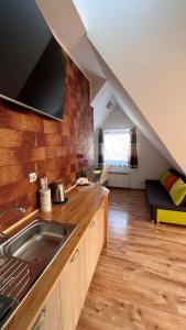 eine Küche mit Spüle und ein Wohnzimmer in der Unterkunft Pokoje u Reni - 5 minut do Krupówek - widok na góry in Zakopane