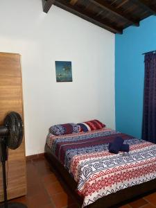 a bedroom with a bed in a room with a blue wall at Finca el Paraíso in San Gil