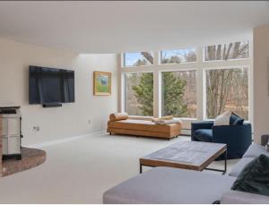 ein Wohnzimmer mit einem Sofa und einem TV in der Unterkunft River House in the Heart of Middlebury in Middlebury