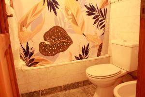 y baño con aseo y cortina de ducha. en Casanicca Habitaciones privadas en Casa Compartida en San Martín de los Andes