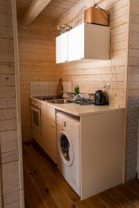 a kitchen with a washing machine and a sink at ZlatAir Eco Chalet in Nova Varoš
