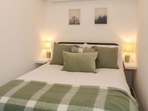 een slaapkamer met een groen en wit bed met 2 lampen bij Hope Cottage in Hambleton