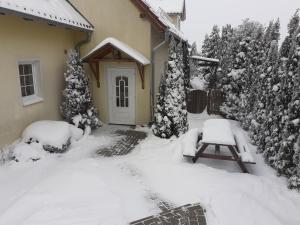 a yard covered in snow with a bench in front of a house at Tisá 488 in Tisá