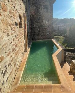 a pool of green water in a brick wall at Hotel Cal Sastre in Santa Pau