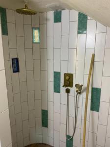 y baño con paredes de azulejos verdes y blancos. en Sweet ‘En Kerem View en Jerusalén