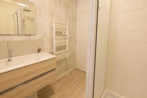 W łazience znajduje się biała umywalka i prysznic. w obiekcie Le Cosy C - T2 Tout Équipé - Centre-Ville Gare w mieście Montluçon