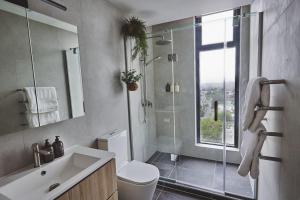 a bathroom with a shower and a toilet and a sink at Cloud Loft Residence with 180 Degrees Views in Auckland +15 photos